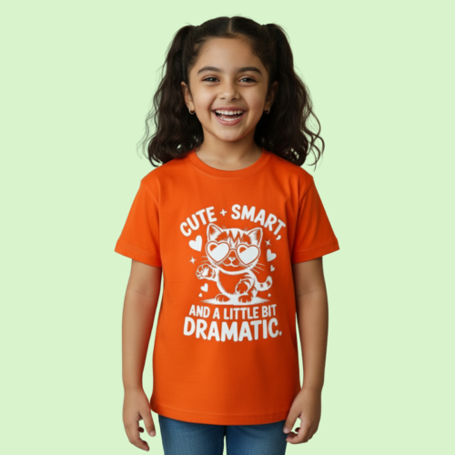 Girls Stylist Premium Orange Cotton T-Shirt - Cute Cat Print