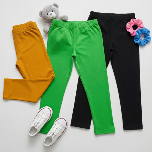 Super Comfort Cotton Lycra Plain Leggings for Girls (Pack of 3) | Green-Orange-Black