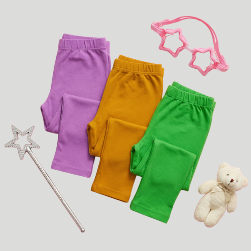 Super Comfort Cotton Lycra Plain Leggings for Girls (Pack of 3) | Green-Orange-Purple