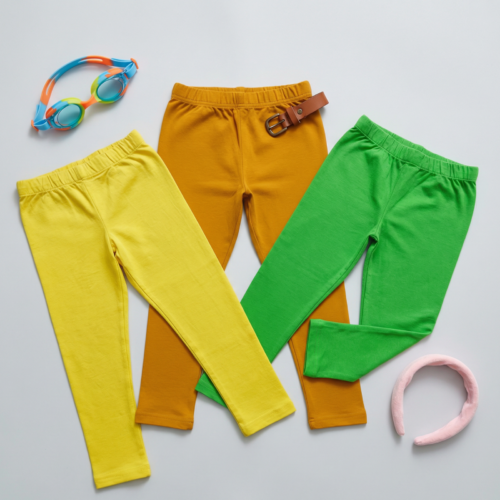 Super Comfort Cotton Lycra Plain Leggings for Girls (Pack of 3) | Green-Orange-Yellow