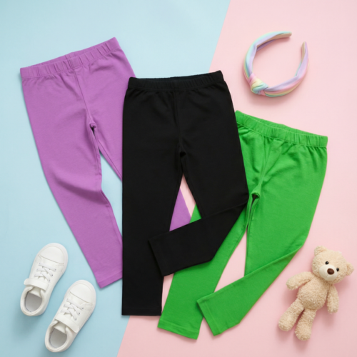 Super Comfort Cotton Lycra Plain Leggings for Girls (Pack of 3) | Green-Purple-Black