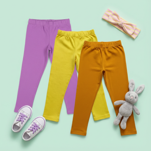 Super Comfort Cotton Lycra Plain Leggings for Girls (Pack of 3) | Orange-Purple-Yellow